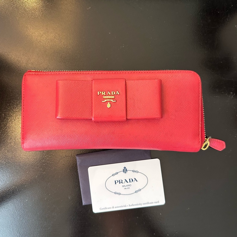 Prada watermelon Red Leather Wallet with Bow Detail